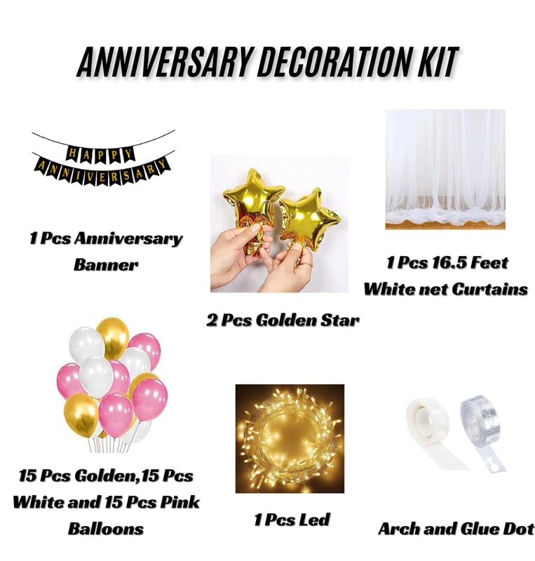 ARV Anniversary Decoration Kit Happy Anniversary Backdrop Each 15 Pcs of Golden White and Pink Balloons 1 Led Light 2 Golden Star 1 Curtain for Weddings and Special Occasions 52 Pcs Kit  - Image 4