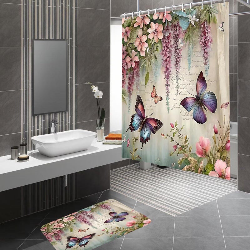 Chrainy 4pcs Spring Butterfly Shower Curtain Set with Rugs Vintage Butterflies Bathroom Sets Floral Shower Curtain with 12 Hooks Bathroom Decor with Rugs Bath Accessories with Mats Toilet Lid Cover - Image 3