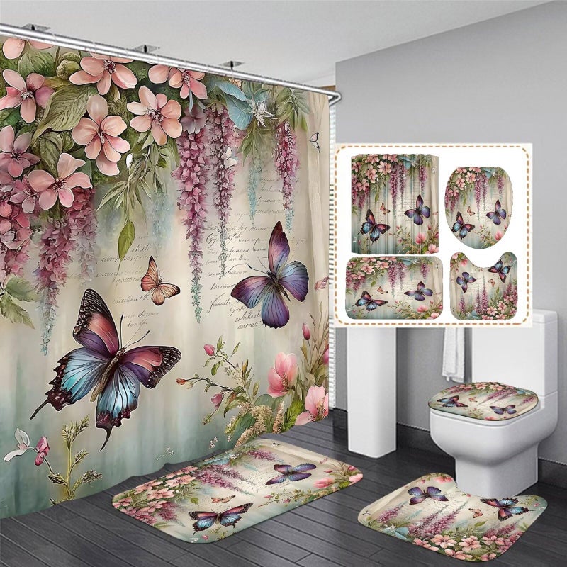 Chrainy 4pcs Spring Butterfly Shower Curtain Set with Rugs Vintage Butterflies Bathroom Sets Floral Shower Curtain with 12 Hooks Bathroom Decor with Rugs Bath Accessories with Mats Toilet Lid Cover - Image 1