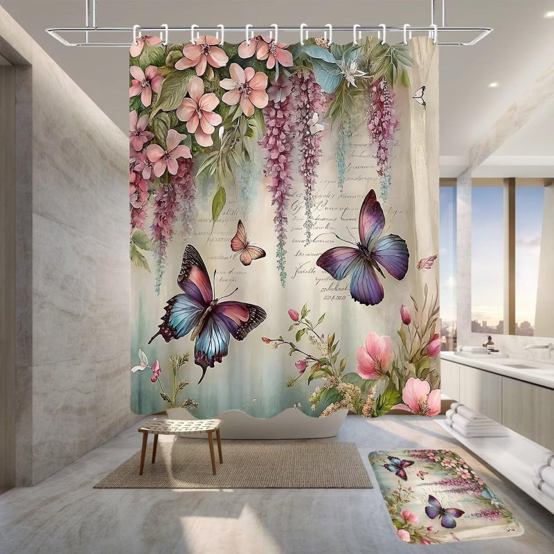 Chrainy 4pcs Spring Butterfly Shower Curtain Set with Rugs Vintage Butterflies Bathroom Sets Floral Shower Curtain with 12 Hooks Bathroom Decor with Rugs Bath Accessories with Mats Toilet Lid Cover - Image 4