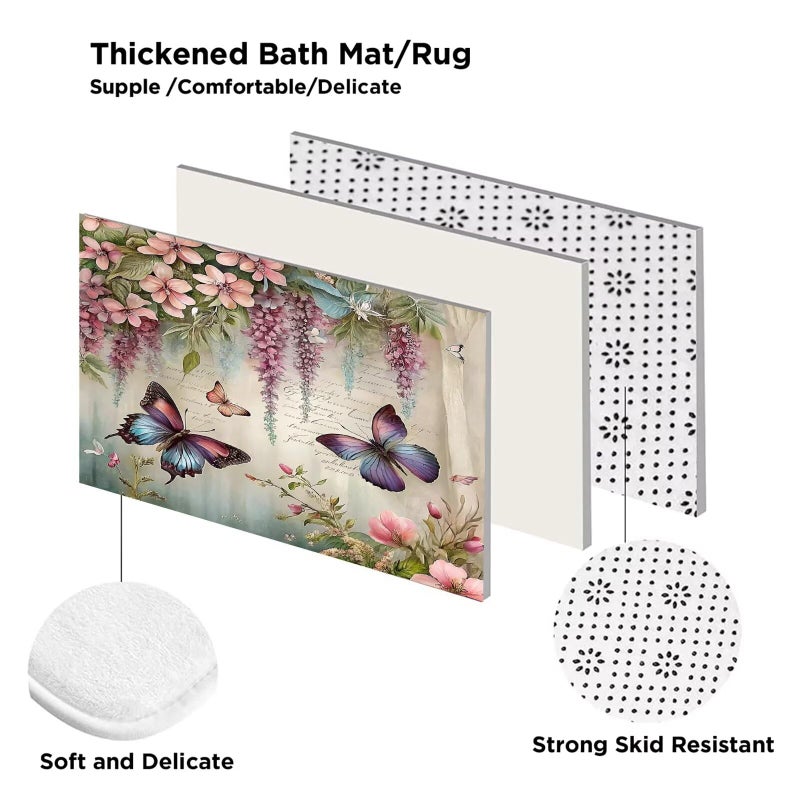 Chrainy 4pcs Spring Butterfly Shower Curtain Set with Rugs Vintage Butterflies Bathroom Sets Floral Shower Curtain with 12 Hooks Bathroom Decor with Rugs Bath Accessories with Mats Toilet Lid Cover - Image 2