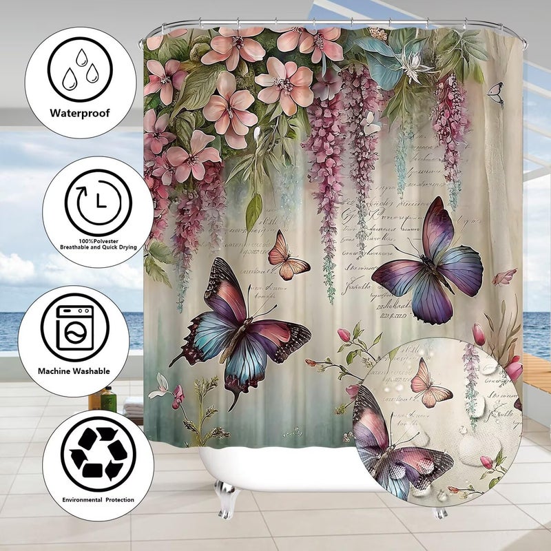 Chrainy 4pcs Spring Butterfly Shower Curtain Set with Rugs Vintage Butterflies Bathroom Sets Floral Shower Curtain with 12 Hooks Bathroom Decor with Rugs Bath Accessories with Mats Toilet Lid Cover - Image 5