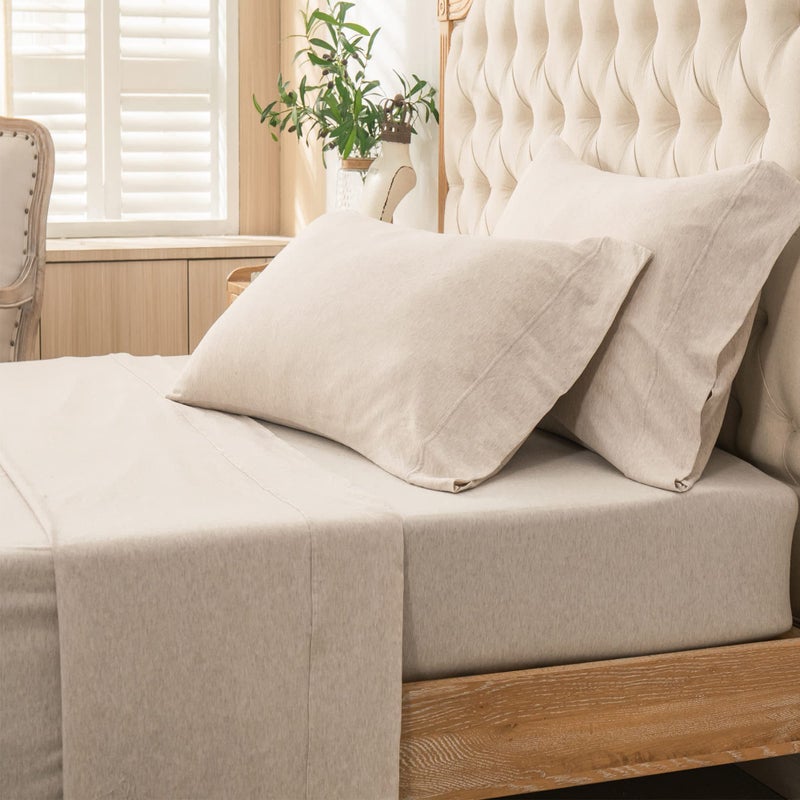 PURE ERA Jersey Knit 4pc Bed Sheet Set 100% T-Shirt Heather Cotton Super Soft Comfy Breathable Fits Mattress Up to 20" Extra Deep Pocket (Heather Beige, King) - Image 5