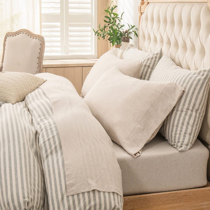 PURE ERA Jersey Knit 4pc Bed Sheet Set 100% T-Shirt Heather Cotton Super Soft Comfy Breathable Fits Mattress Up to 20" Extra Deep Pocket (Heather Beige, King) - Image 1