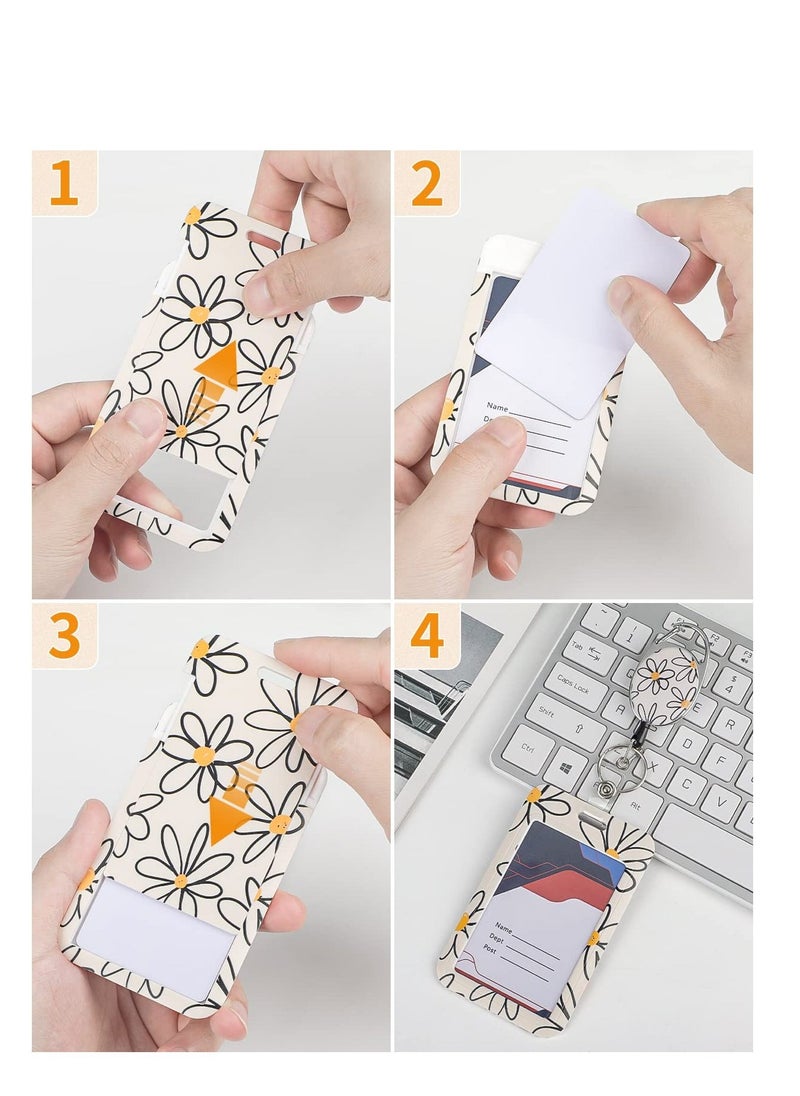 Generic Floral Sliding Badge Holder White Flower Plastic Case with Retractable Badge Reel Carabiner Clip and Detachable Lanyard Strap Hard Vertical Card Protector for Women Nurse Teacher Student  - Image 3