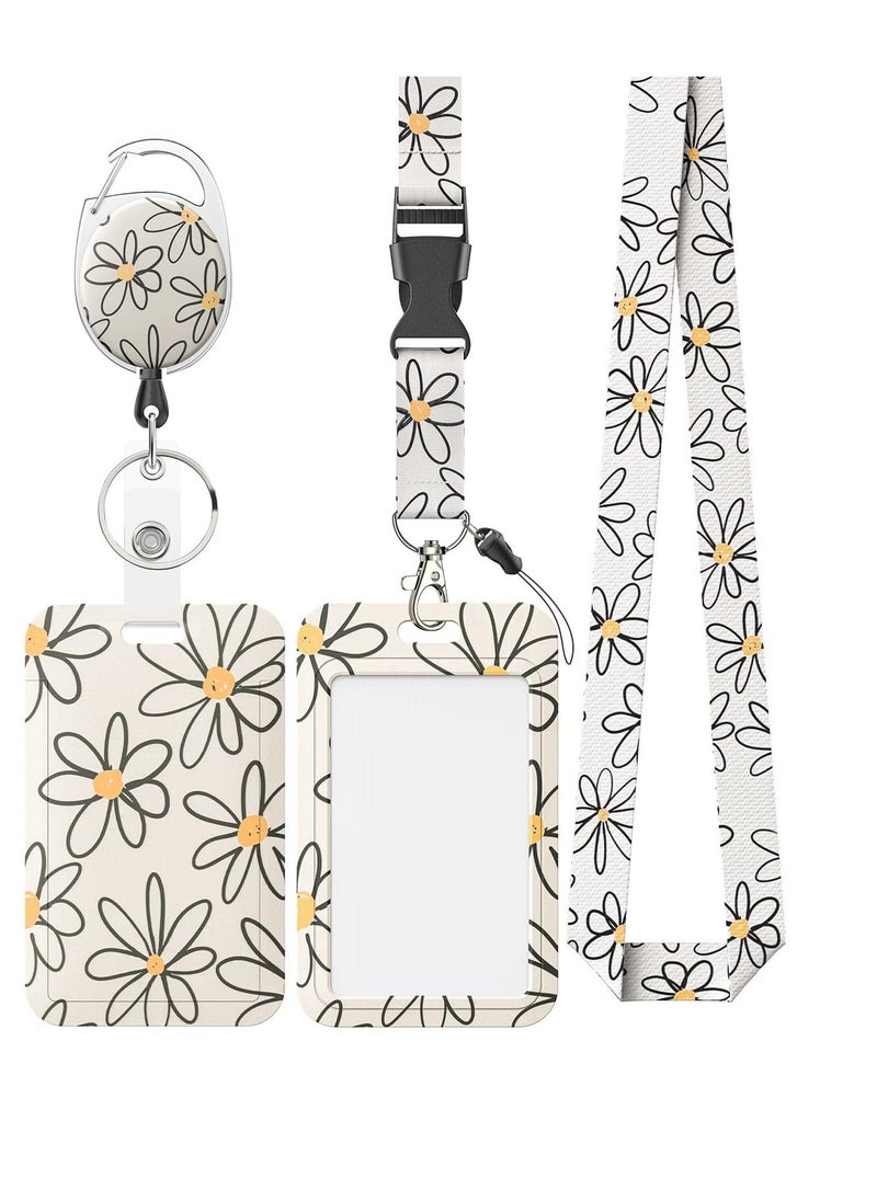 Generic Floral Sliding Badge Holder White Flower Plastic Case with Retractable Badge Reel Carabiner Clip and Detachable Lanyard Strap Hard Vertical Card Protector for Women Nurse Teacher Student  - Image 1