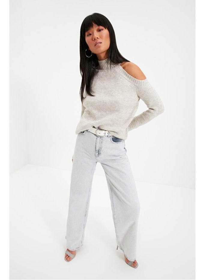 trendyol Stone Silvery Window/Cut Out Detail Knitwear Sweater - Image 1