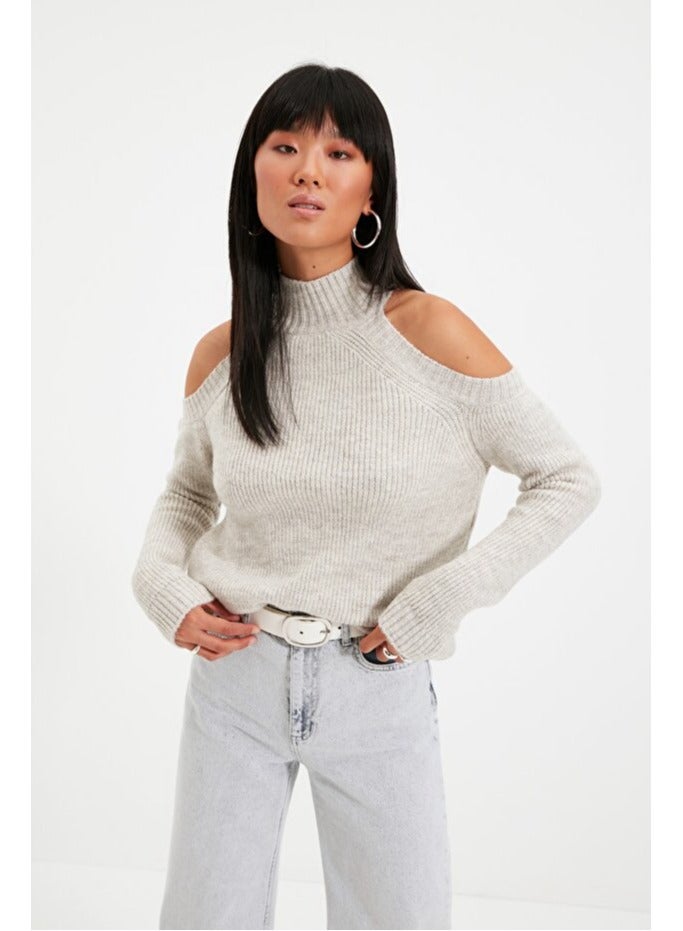 trendyol Stone Silvery Window/Cut Out Detail Knitwear Sweater - Image 3
