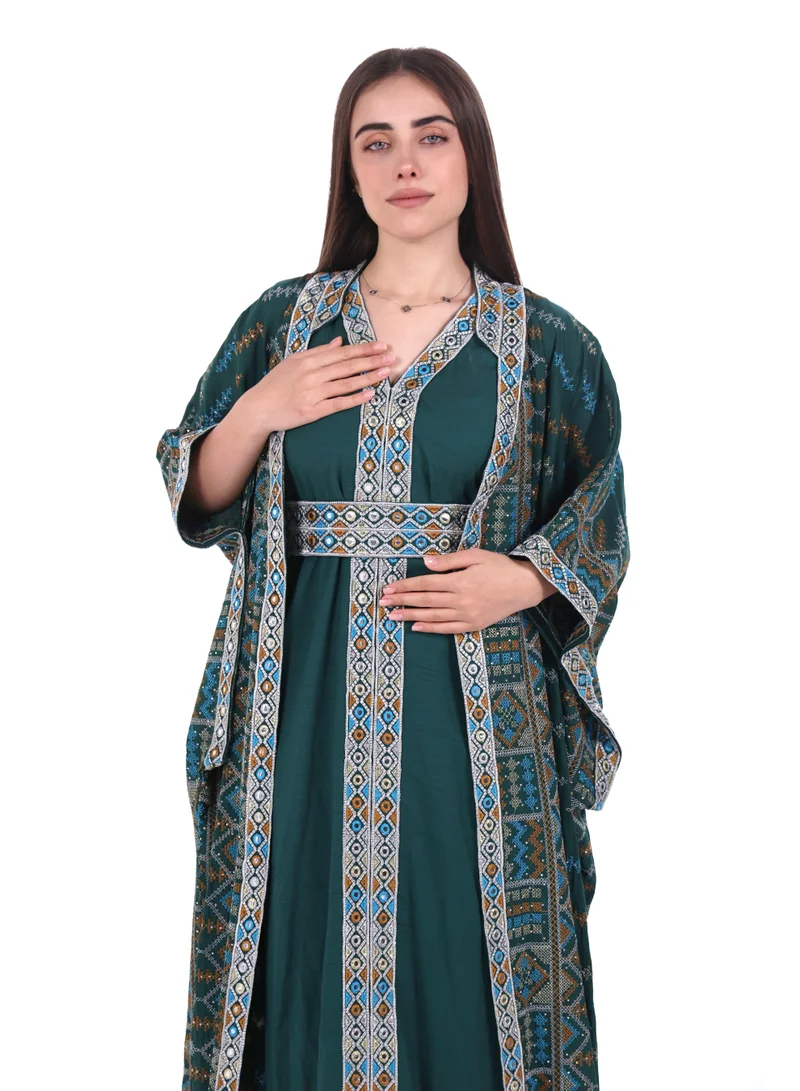 Al Bent Al Sharqieh Dark Green embroidered linen kaftan dress for Women | Best Price UAE