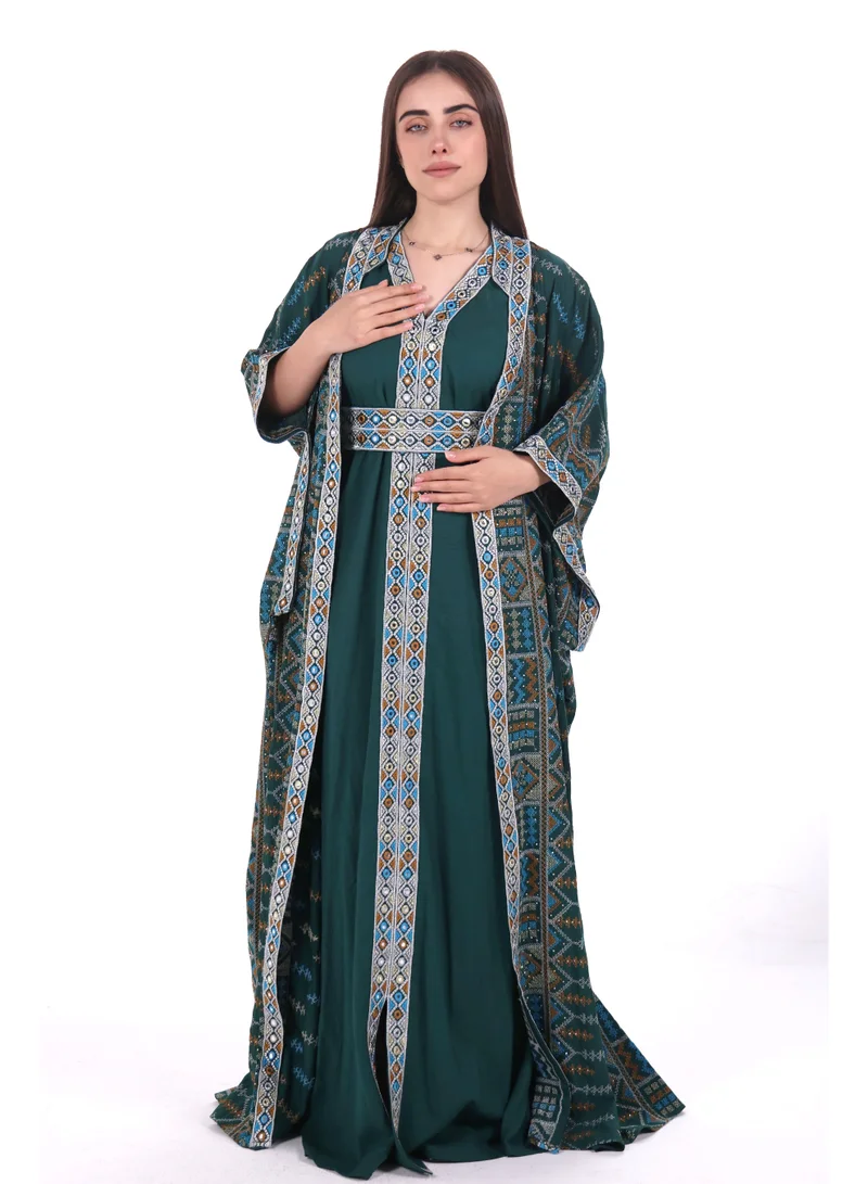 Al Bent Al Sharqieh Dark Green embroidered linen kaftan dress for Women | Best Price UAE