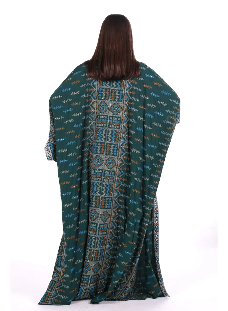 Al Bent Al Sharqieh Dark Green embroidered linen kaftan dress for Women | Best Price UAE