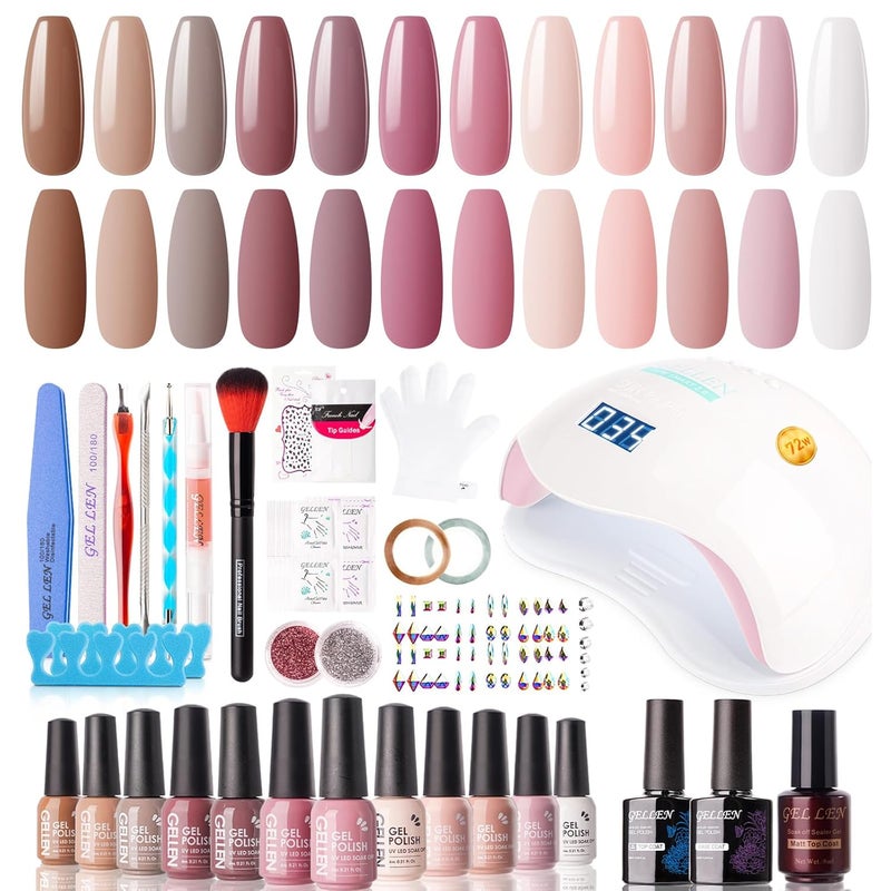 Gellen Gellen Gel Nail Polish Kit with U V LED Light 72W Nail Dryer, 12 Gel Nail Colors, No Wipe Top Base Coat, Nail Art Decorations, Manicure Tools, All-In-One Manicure Kit for Mother's Day Gift