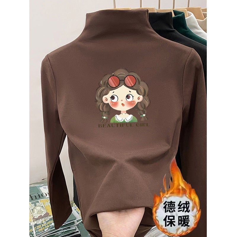 Children's Velvet Semi-high Collar T-shirt New All-match Spring and Autumn Girls Cartoon Printed Children's Long-sleeved T-shirt Trendy Base Shirt - Image 5
