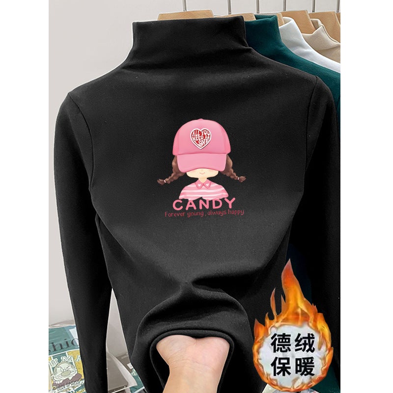 Children's Velvet Semi-high Collar T-shirt New All-match Spring and Autumn Girls Cartoon Printed Children's Long-sleeved T-shirt Trendy Base Shirt - Image 4