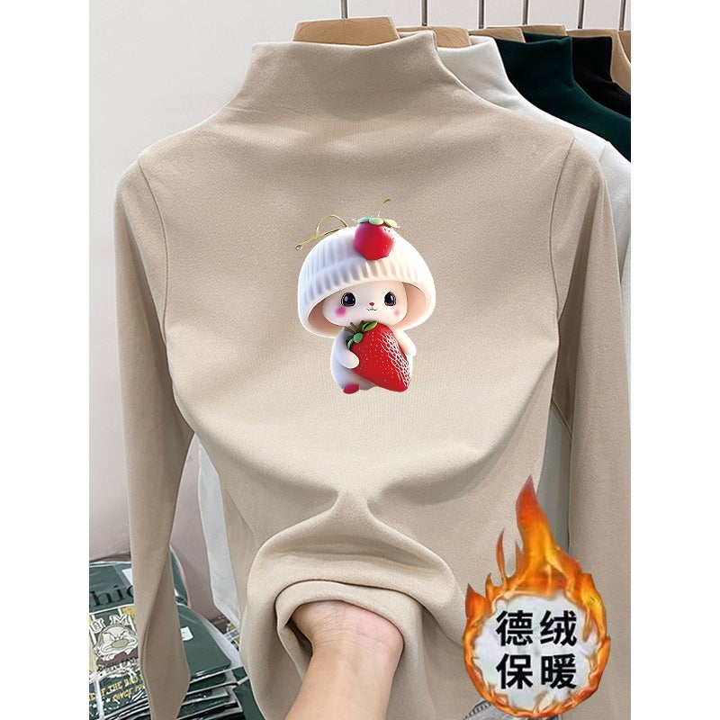 Children's Velvet Semi-high Collar T-shirt New All-match Spring and Autumn Girls Cartoon Printed Children's Long-sleeved T-shirt Trendy Base Shirt - Image 2