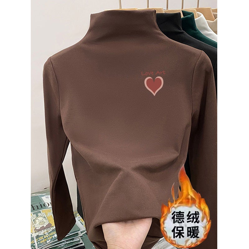 Children's Velvet Semi-high Collar T-shirt New All-match Spring and Autumn Girls Cartoon Printed Children's Long-sleeved T-shirt Trendy Base Shirt - Image 3
