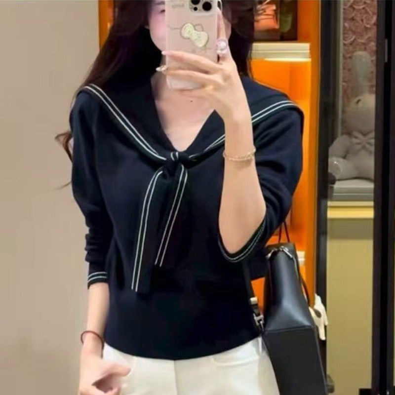 Qi Ta Elegant College Style Navy Collar Long Sleeve Knit Top - Early Autumn Outfit - Image 2