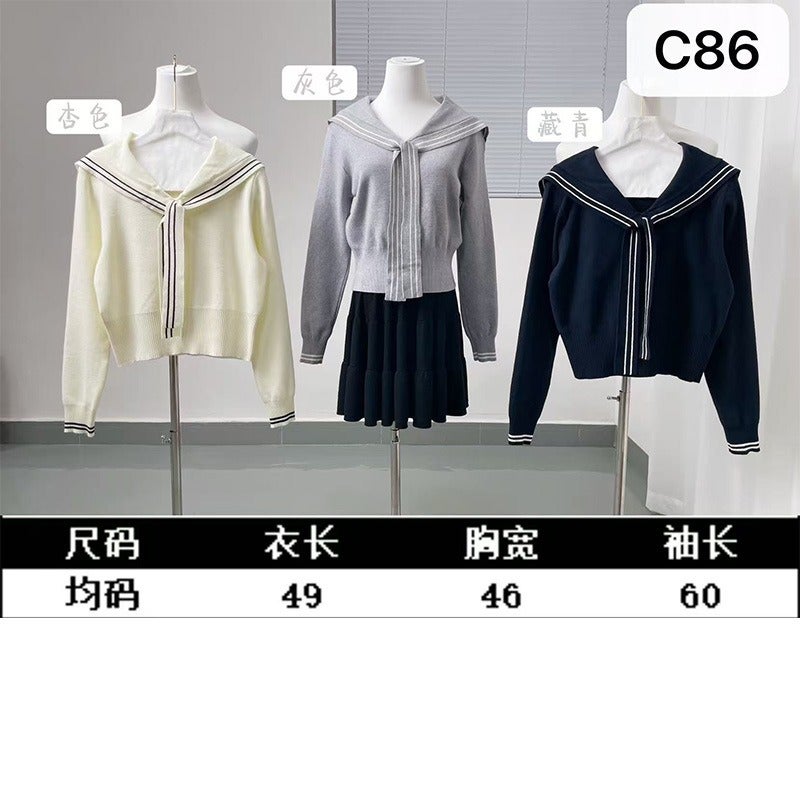 Qi Ta Elegant College Style Navy Collar Long Sleeve Knit Top - Early Autumn Outfit - Image 4