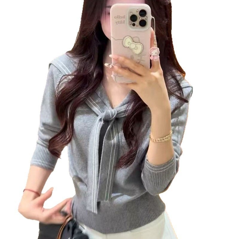 Qi Ta Elegant College Style Navy Collar Long Sleeve Knit Top - Early Autumn Outfit - Image 5