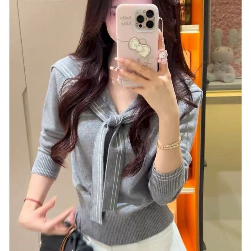Qi Ta Elegant College Style Navy Collar Long Sleeve Knit Top - Early Autumn Outfit - Image 1