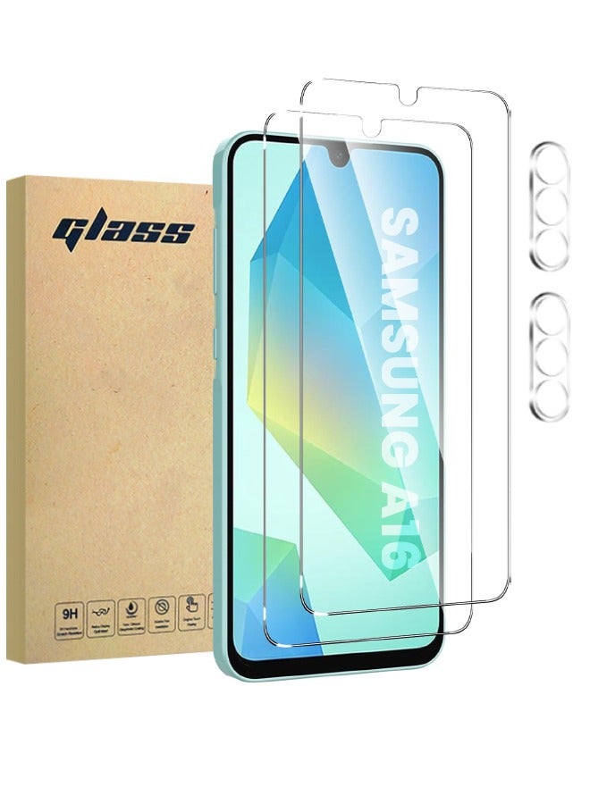 جلاس عبوتان من واقي شاشة Samsung Galaxy A16 + عبوتان من واقي عدسة الكاميرا، صلابة 9H، زجاج مقسى عالي الدقة، حساس للمس، خالٍ من الفقاعات، مقاوم للخدش، صديق للحافظة (معبأة، 2 + 2 حزمة) - Image 1