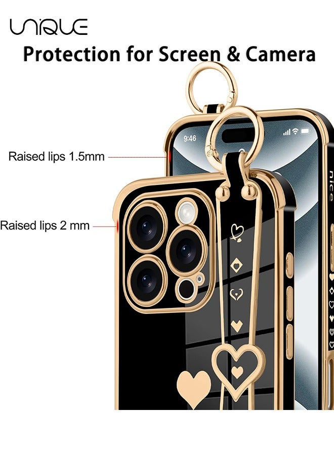 يونيك متوافق مع غطاء iPhone 16 Pro Max ، مسند حزام المعصم القابل للتعديل ، مصد طلاء الذهب الفاخر على شكل قلب لطيف ، غطاء غطاء واقي للنساء والفتيات للرجال ، أسود - Image 2
