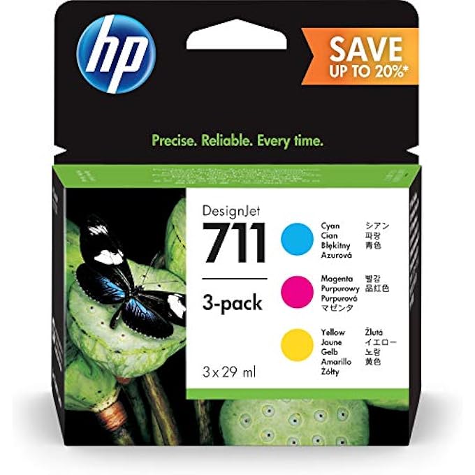 711 P2V32A 3-PACK CYAN, MAGENTA & YELLOW 28-ML GENUINE INK CARTRIDGE, COLOUR INK FOR DESIGNJET T120, T125, T130, T520, T525, T530 LARGE FORMAT PLOTTER PRINTERS AND 711 DESIGNJET PRINTHEAD - Image 1
