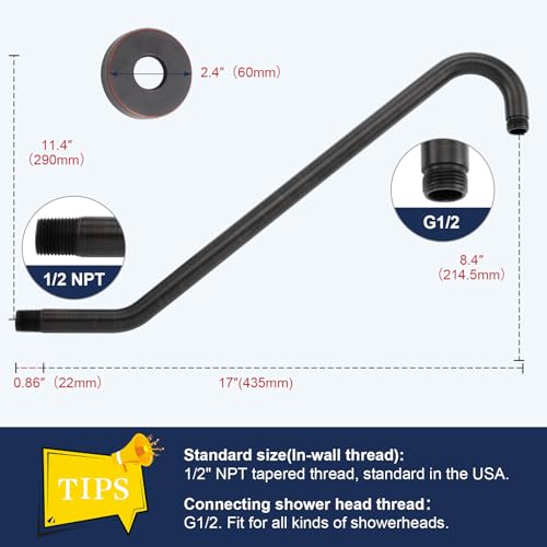 Uvish 17" Shower Head Riser Pipe, Stainless Steel High Rise Long Neck Shower Head Arm Extender for Rain Shower Head, Standard 1/2" Connection, Oil Rubbed Bronze - Image 3