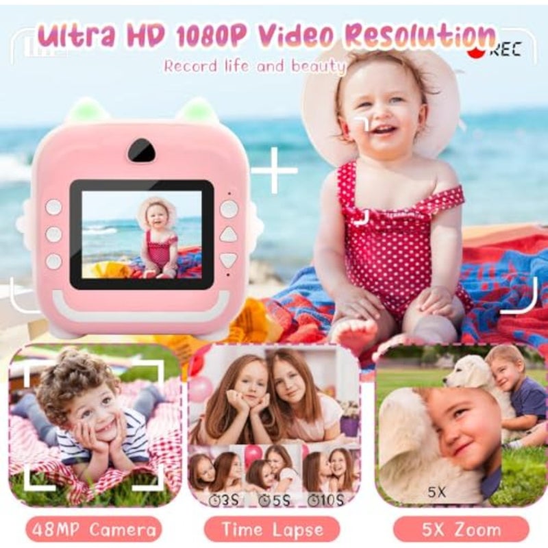 Instant Print Toddler Digital Camera With 1080P HD Video, 48MP, Phone Connected 32GB Card, Pink - Image 3