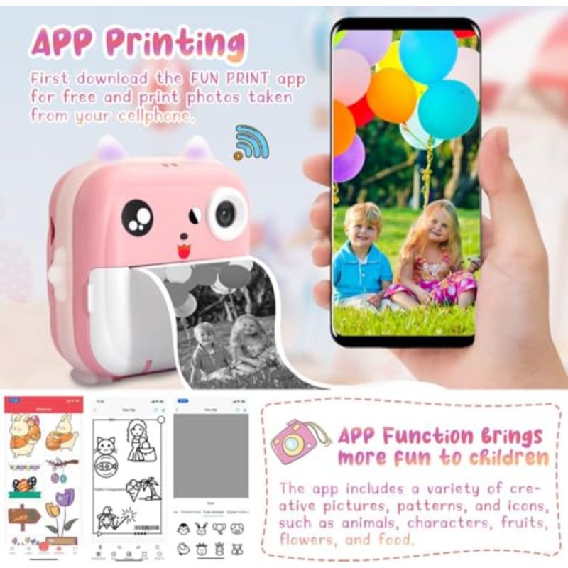 Instant Print Toddler Digital Camera With 1080P HD Video, 48MP, Phone Connected 32GB Card, Pink - Image 4