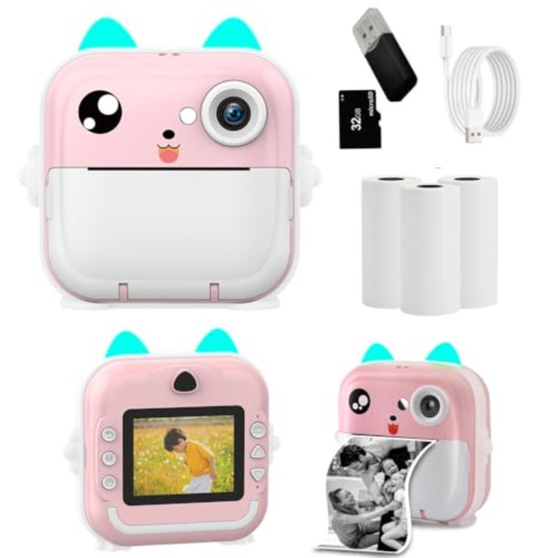 Instant Print Toddler Digital Camera With 1080P HD Video, 48MP, Phone Connected 32GB Card, Pink - Image 1