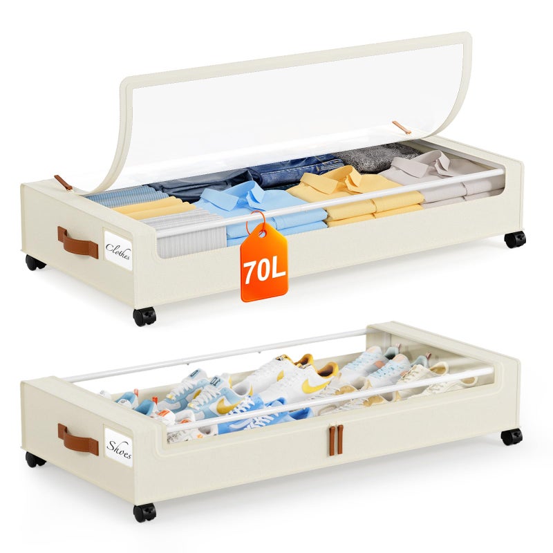 Yecaye Under Bed Storage with Wheels 2Pack, 70L Larger Capacity Under Bed Storage Containers, Underbed Shoe Storage Organizer, Rolling Under Bed Metal Drawers for Clothes, Blankets(35.5 x 17 x 6.7in) - Image 1