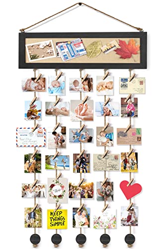 Bikoney Picture Frames Collage Wall Decor Hanging Photo Display Multi Pictures Organizer with Wood Bulletin Board Photo Board 30 Clips and 6 Pushpins for Home and Dorm Room Decor Black - Image 1