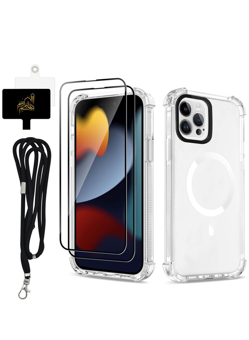 TLAXCA 4 in 1 for iPhone 15 Pro Max Case Military Grade Drop Protection iPhone 15 Pro Max Clear Cover with 2 x Tempered Glass Screen Protector 1 x Universal Cell Phone Lanyard Air Guard Corners Hard Acrylic - Image 1