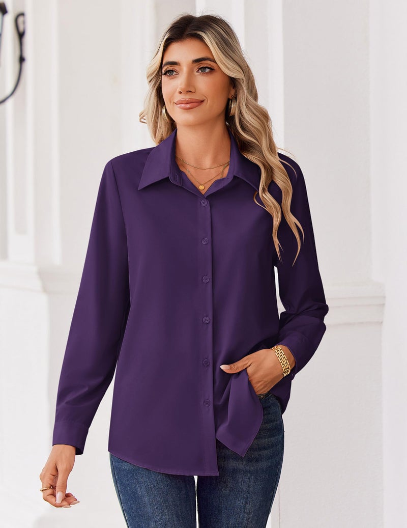 Zeagoo Womens Button Down Shirts Long Sleeve Blouse V Neck Vacation Clothes Spring Outfit Casual Fashion Summer Tops Purple - Image 5