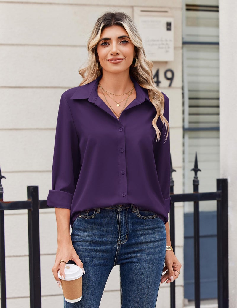 Zeagoo Womens Button Down Shirts Long Sleeve Blouse V Neck Vacation Clothes Spring Outfit Casual Fashion Summer Tops Purple - Image 4