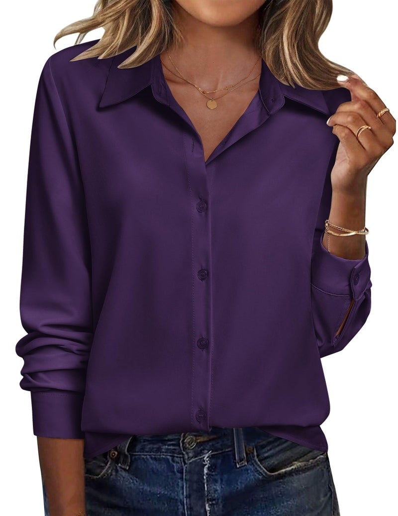 Zeagoo Womens Button Down Shirts Long Sleeve Blouse V Neck Vacation Clothes Spring Outfit Casual Fashion Summer Tops Purple - Image 2