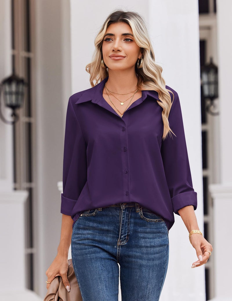 Zeagoo Womens Button Down Shirts Long Sleeve Blouse V Neck Vacation Clothes Spring Outfit Casual Fashion Summer Tops Purple - Image 3