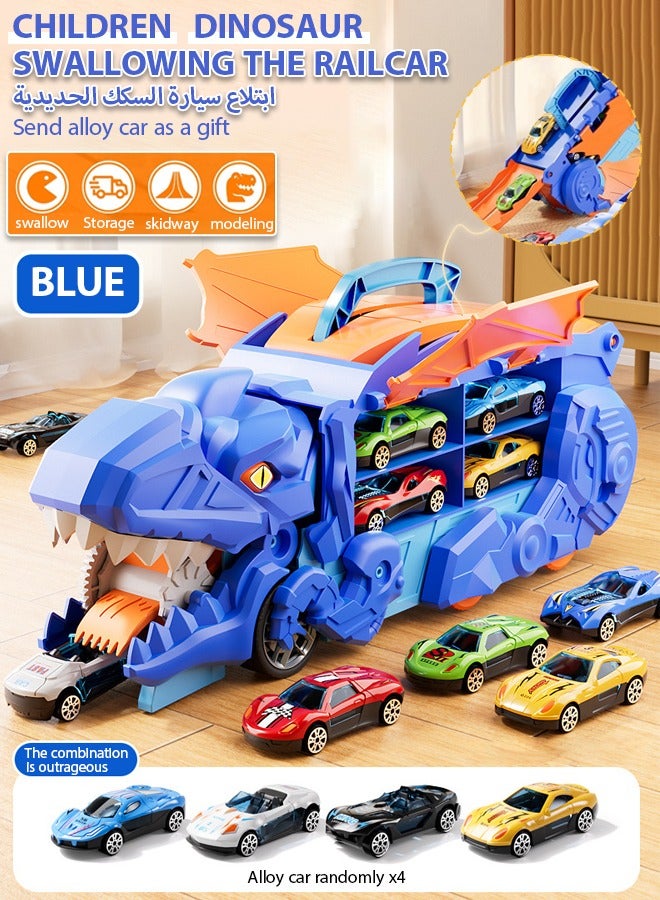 Child dinosaur devours rail car,Can be transformed into a dinosaur transport vehicle with a track, a track dinosaur transport vehicle,4 alloy cars, toys, die-casting racing cars,Male and female children's engineering car birthday gifts  - Image 1
