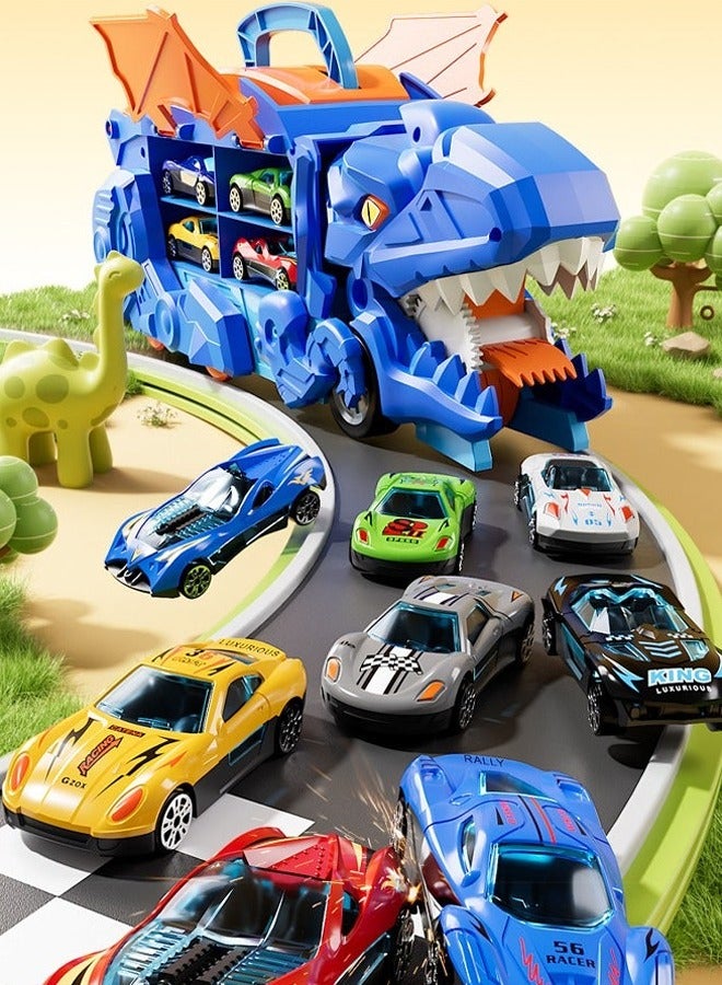 Child dinosaur devours rail car,Can be transformed into a dinosaur transport vehicle with a track, a track dinosaur transport vehicle,4 alloy cars, toys, die-casting racing cars,Male and female children's engineering car birthday gifts  - Image 3