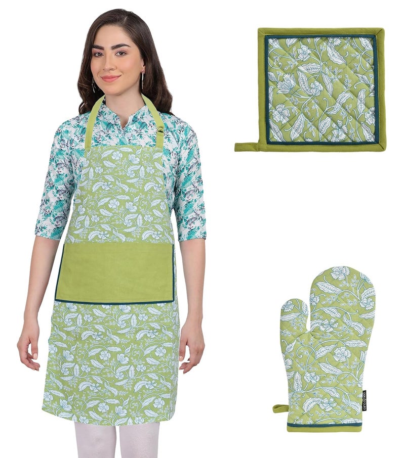 ODE & CLEO Ode Cleo Chef Style Cotton Apron Adjustable Straps and Large Pocket Kitchen set 1pcs apron1pcs glove1pcs mitten 