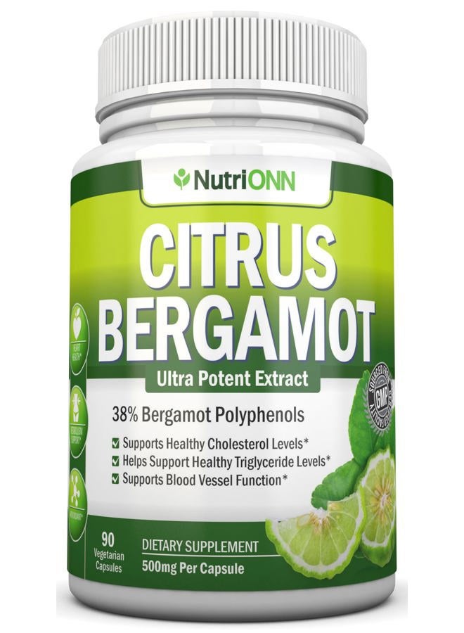 NutriONN Citrus Bergamot - 500 mg - 90 Vegetarian Capsules - 38% Polyphenols - Natural Premium Quality Citrus Bergamot Extract - Promotes Healthy Cholesterol, Blood Sugar, Blood Pressure & Triglyceride Levels - Image 1