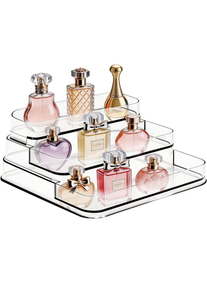 حامل عرض عطور نسائي بتصميم مدرج من 3 مستويات - منظم أكريليك متين لترتيب العطور والمجوهرات على التسريحة - رف تخزين مستحضرات التجميل والمقتنيات الصغيرة - Image 1