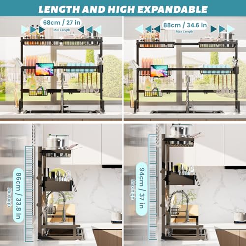 ADBIU Over The Sink Dish Drying Rack (Expandable Height and Length) Snap-On Design 2 Tier Large Dish Rack (27-40L x 12W x 32.5-37H (inches)) - Image 2