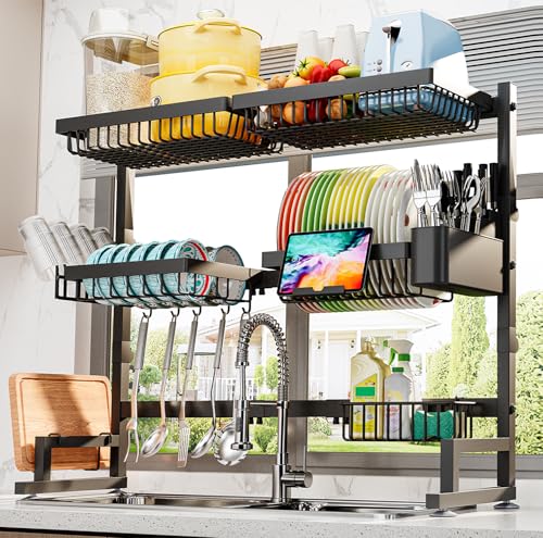 ADBIU Over The Sink Dish Drying Rack (Expandable Height and Length) Snap-On Design 2 Tier Large Dish Rack (27-40L x 12W x 32.5-37H (inches)) - Image 1