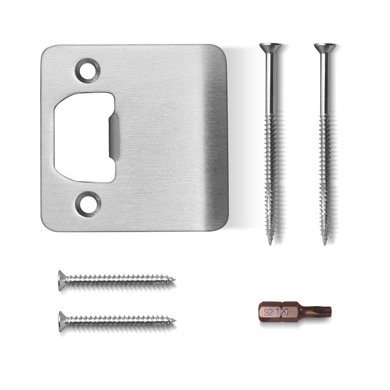 Mosecyou Extended Strike Plate 2-1/4"" X 2-1/4""  Satin Nickel  Heavy Duty Version With Reinforced Torx/Star Screws & Bit  Extender Lip Latch Striker For Exterior/Interior Door (1 Pack) - Image 1