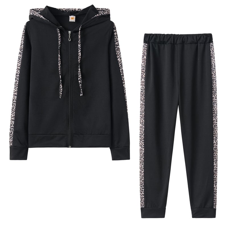 2020 Autumn and Winter Hot New European and American Explosions Leopard Long Sleeve Pocket Velvet Printed Zipper Hoodie Pants Set Black - Image 1