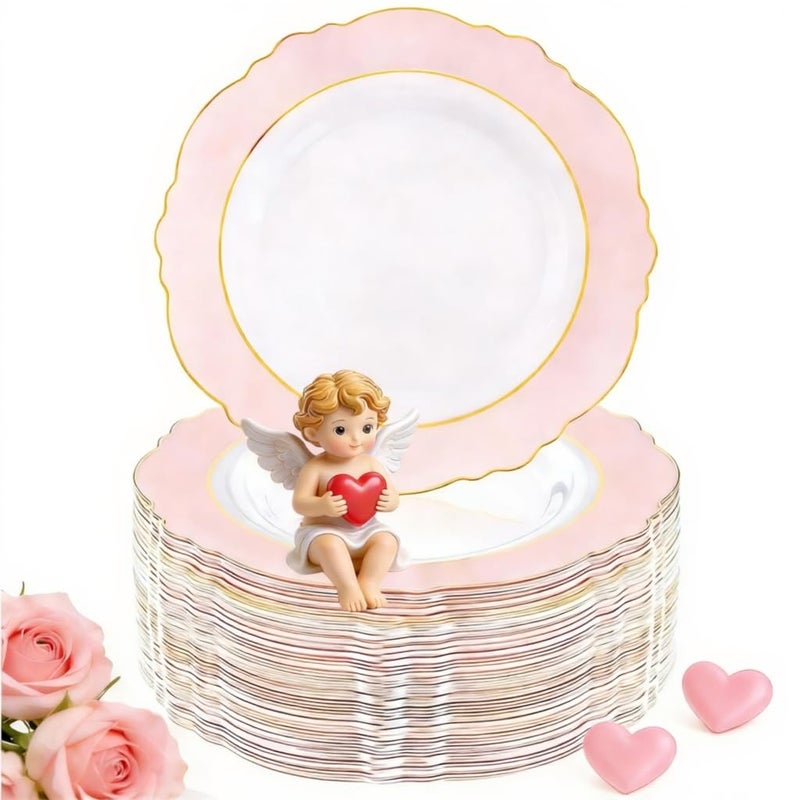WDF 60pcs Pink Plastic Plates 1025inch Baroque Pink And Gold Disposable Dinner Plates for Upscale Parties Special for Valentines Party Wedding Birthdays