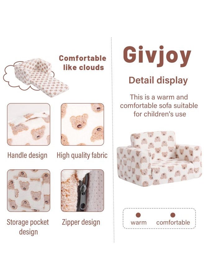 Givjoy أريكة أطفال، كرسي للأطفال، أريكة للأطفال مع جيوب جانبية تتلألأ في الظلام، كرسي ذراع للأطفال بغطاء قابل للإزالة والغسل، مقبض حمل، أريكة قراءة للأطفال للبنات أو الأولاد، دب بني - Image 3