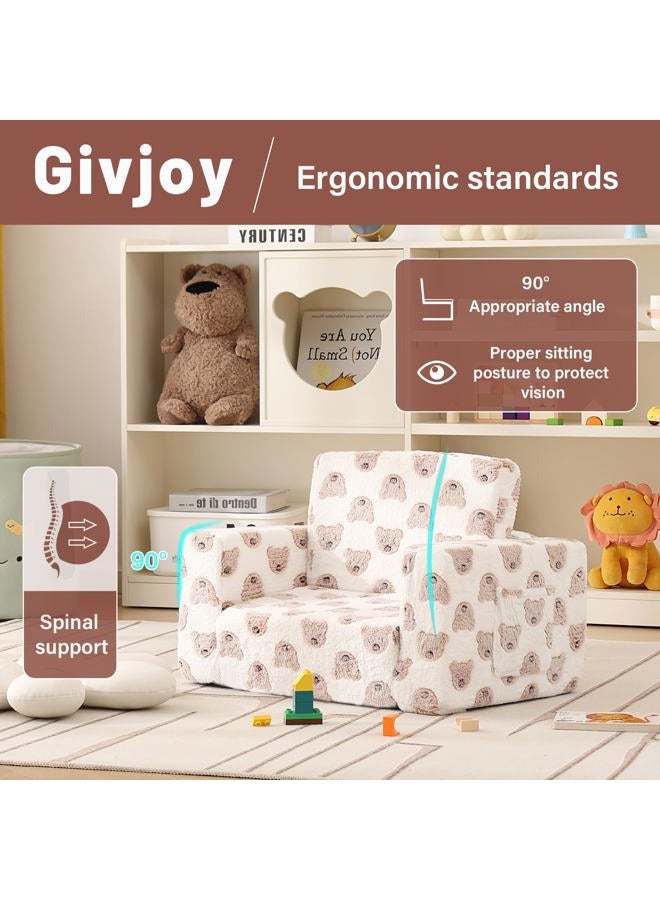 Givjoy أريكة أطفال، كرسي للأطفال، أريكة للأطفال مع جيوب جانبية تتلألأ في الظلام، كرسي ذراع للأطفال بغطاء قابل للإزالة والغسل، مقبض حمل، أريكة قراءة للأطفال للبنات أو الأولاد، دب بني - Image 4